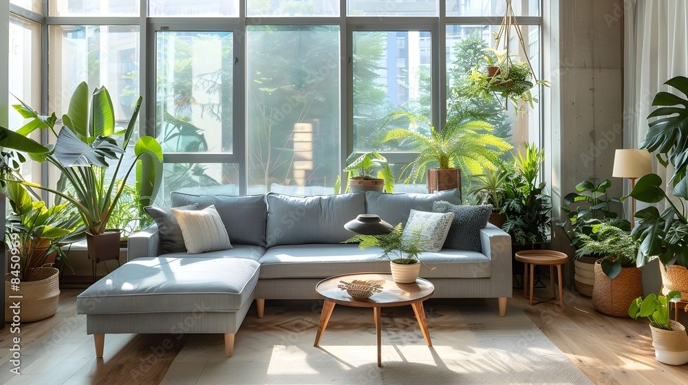 Cozy greenhouse-inspired living room with tropical plants and comfortable furniture in modern home interior design Cozy greenhouse-inspired living room with tropical plants and comfortable furniture in modern home interior design