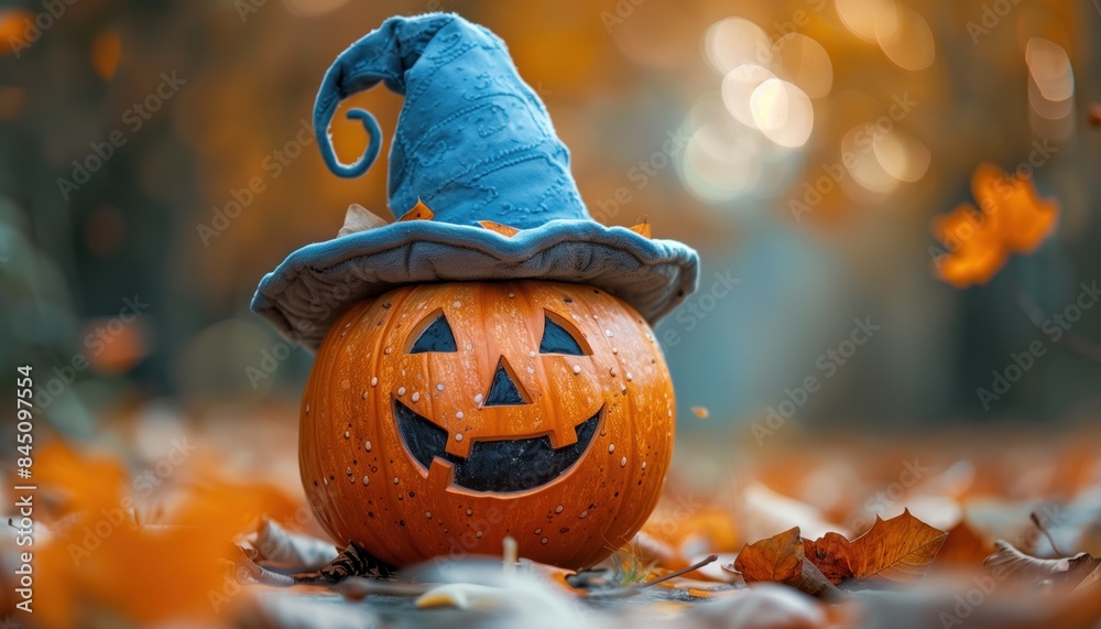 Naklejka premium Whimsical Halloween Pumpkin with Blue Witch Hat in Autumn Setting. Perfect for Cards, Posters, and Seasonal Prints