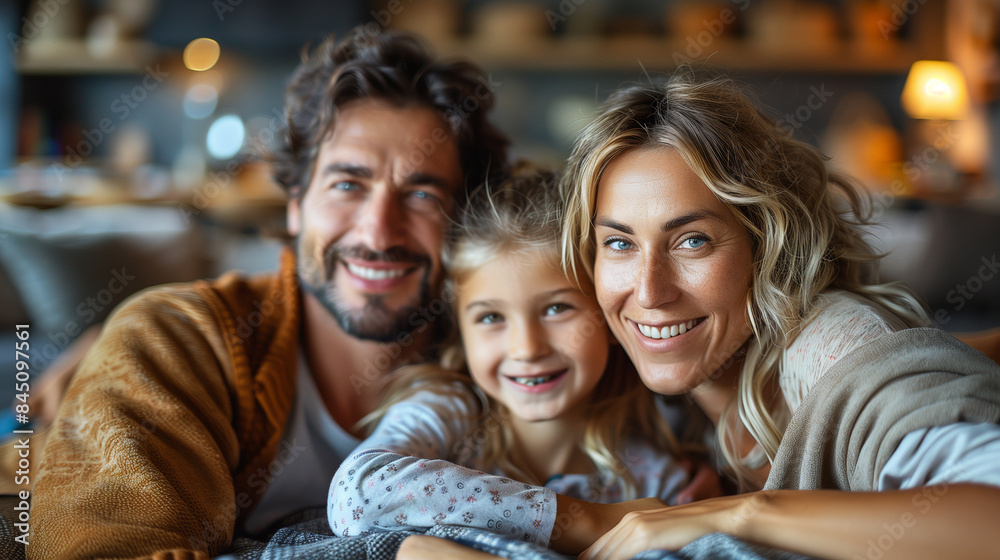 A family watching a movie together on the couch.