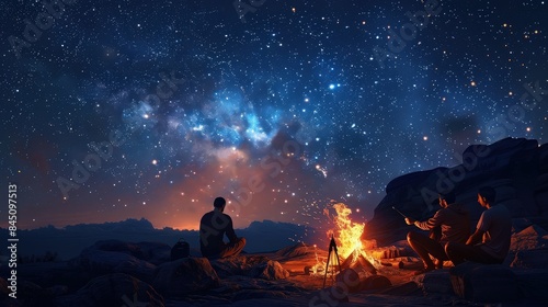 Friends Camping Under Starry Night Sky