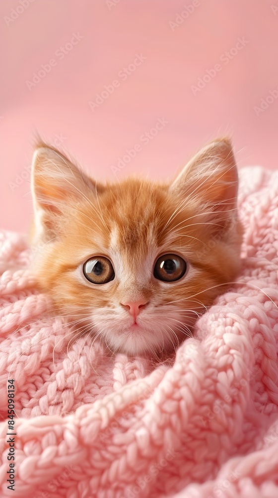 Adorable kitten with big,expressive eyes and a playful,engaging expression set against a pastel pink background,designed for use as a smartphone wallpaper in a 9:16
