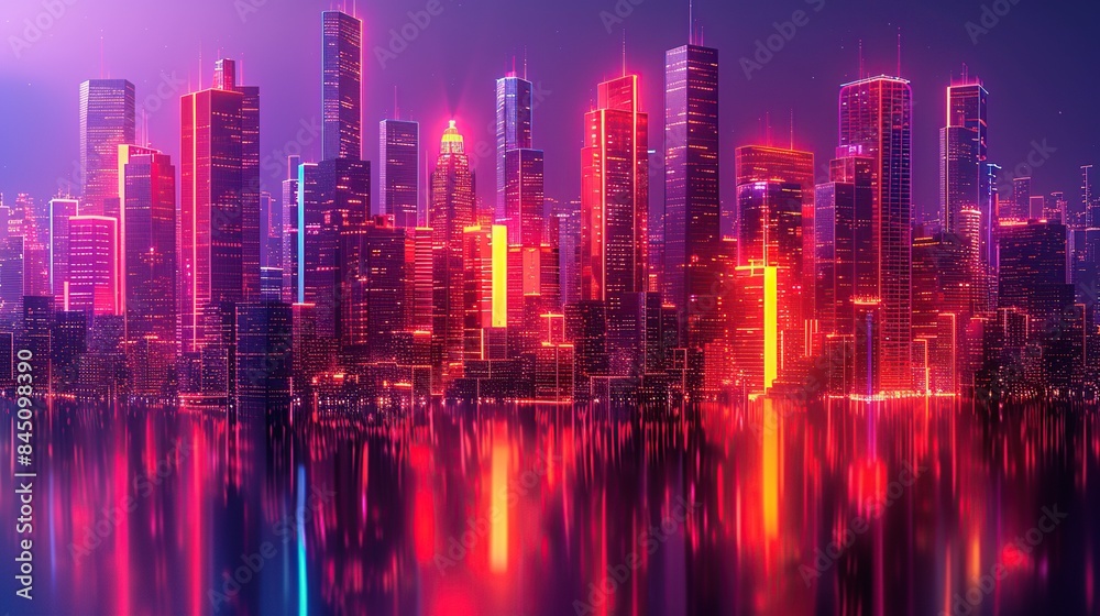 Obraz premium Neon Cityscape with Vivid Reflections