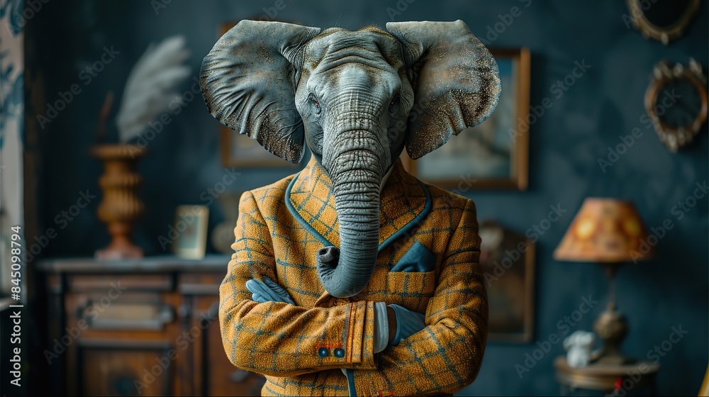 An anthropomorphic elephant, radiating success and confidence, stands tall in a dapper suit, embodying the qualities of a charismatic leader and fashion-forward gentleman. An anthropomorphic elephant, radiating success and confidence, stands tall in a dapper suit, embodying the qualities of a charismatic leader and fashion-forward gentleman.