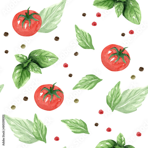 Seamless pattern from tomatoes, peppercorns and green basil, herbs. Hand drawn watercolor illustration on white background. Template for design menu, textiles, printing, packaging.