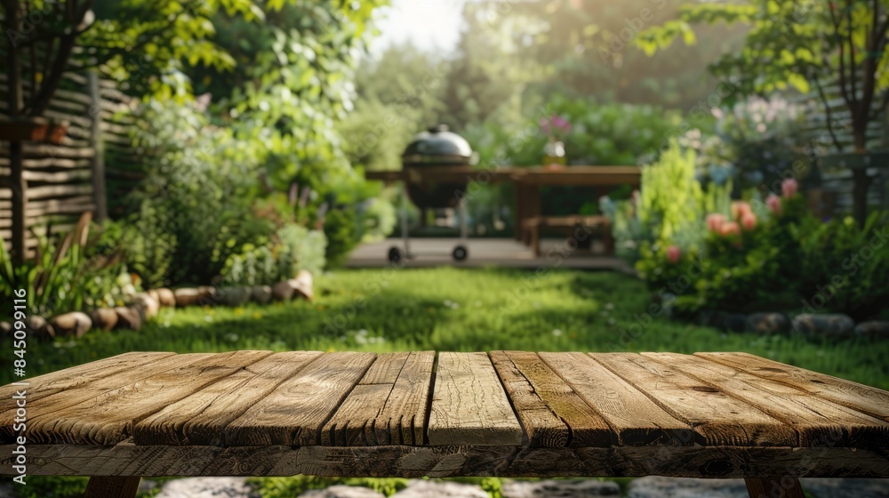 Empty Space on an Aged Wooden Table with a Garden and Grill in the Background Empty Space on an Aged Wooden Table with a Garden and Grill in the Background
