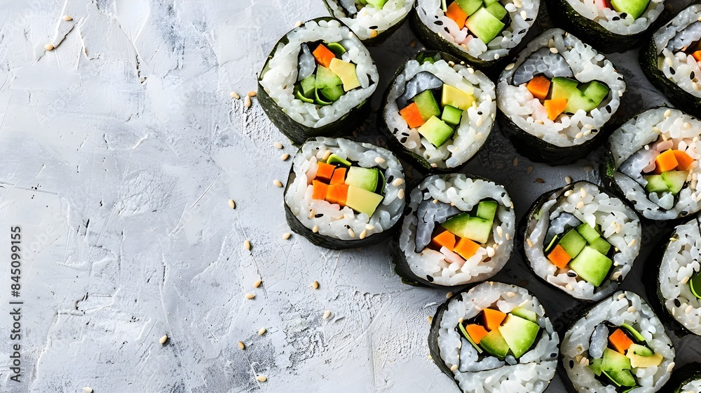 Delicious vegan sushi rolls filled with avocado,cucumber,and carrot,neatly arranged on a plain background with ample copy space for text or design overlay. Delicious vegan sushi rolls filled with avocado,cucumber,and carrot,neatly arranged on a plain background with ample copy space for text or design overlay.