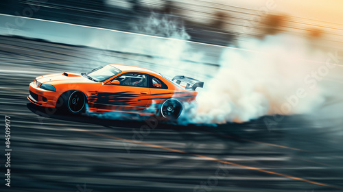 car drifting on asphalt racing track with lot of smoke, motion blur drift car