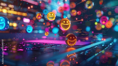 Neon emojis floating above illuminated keyboard