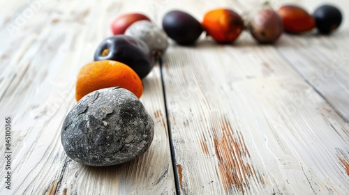 Stone fruits with tough shells placed on a white wooden table photo