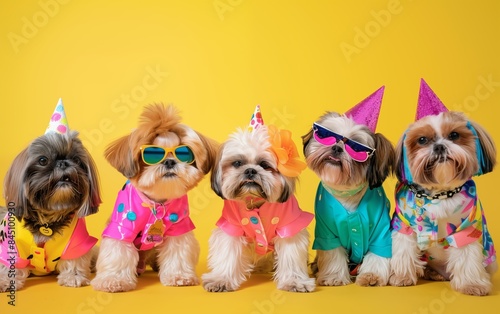 Creative animal concept. Group of Shih Tzu dog puppy in funky Wacky wild mismatch colorful outfits on bright background advertisement, copy space. birthday party invite invitation banner.