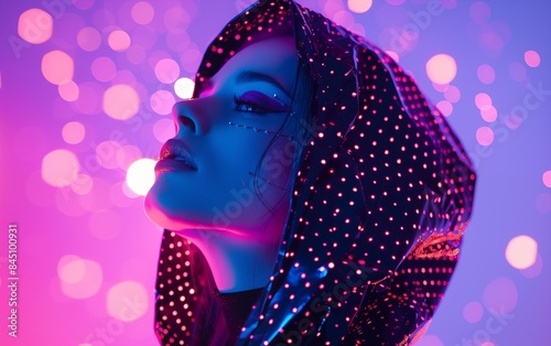 Fashion Surreal Concept. Futuristic woman girl in neon light dotted line and natural makeup in graphic futuristic bright bold art deco minimalist aesthetics cape jacket.