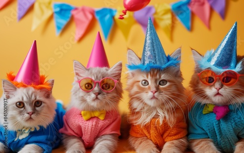 Creative animal concept. Group of British Longhair cat kitty kitten in funky Wacky wild mismatch colorful outfits on bright background, copy space. birthday party invite invitation banner.