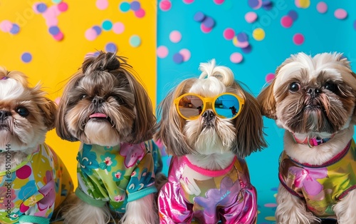 Creative animal concept. Group of Shih Tzu dog puppy in funky Wacky wild mismatch colorful outfits on bright background advertisement, copy space. birthday party invite invitation banner.