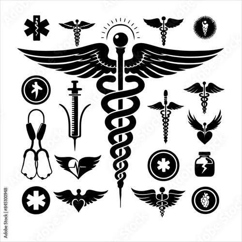 Caduceus health symbol silhouettes vector, Apotheke icon vector, Health logo vector. caduceus. rod of Asclepius.