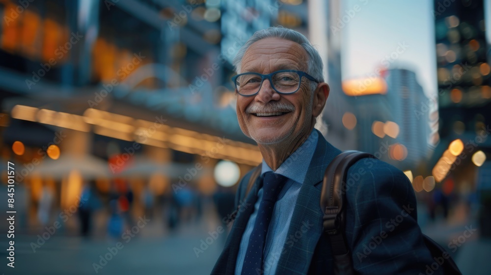 Joyful Senior in Urban Setting with Unique Evening Ambiance and Bokeh Background Joyful Senior in Urban Setting with Unique Evening Ambiance and Bokeh Background