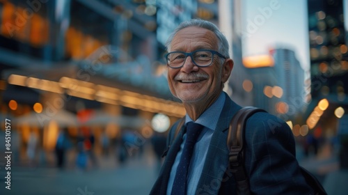 Joyful Senior in Urban Setting with Unique Evening Ambiance and Bokeh Background