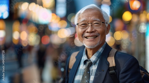 Serene Senior in Urban Oasis: Close-up Smiling Face in Business District with Bokeh Lights