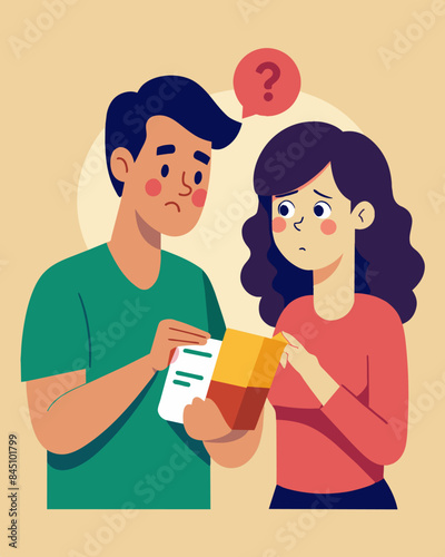 A young couple shares a concerned look as they calculate the cost of a package of ground beef wondering if they will have enough left for other necessities.. Vector illustration