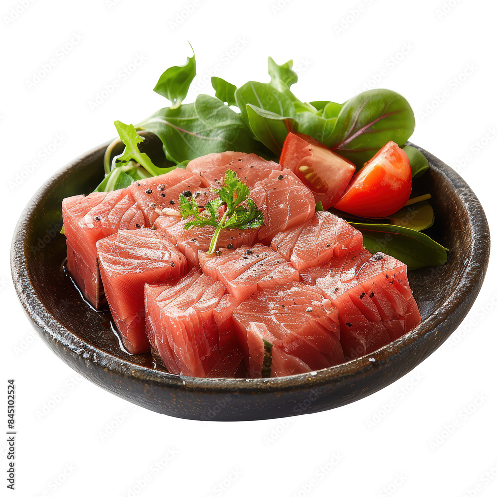 Fresh sashimi dish with sliced raw salmon in a bowl, garnished with greens, cherry tomatoes, isolated on white background. Fresh sashimi dish with sliced raw salmon in a bowl, garnished with greens, cherry tomatoes, isolated on white background.