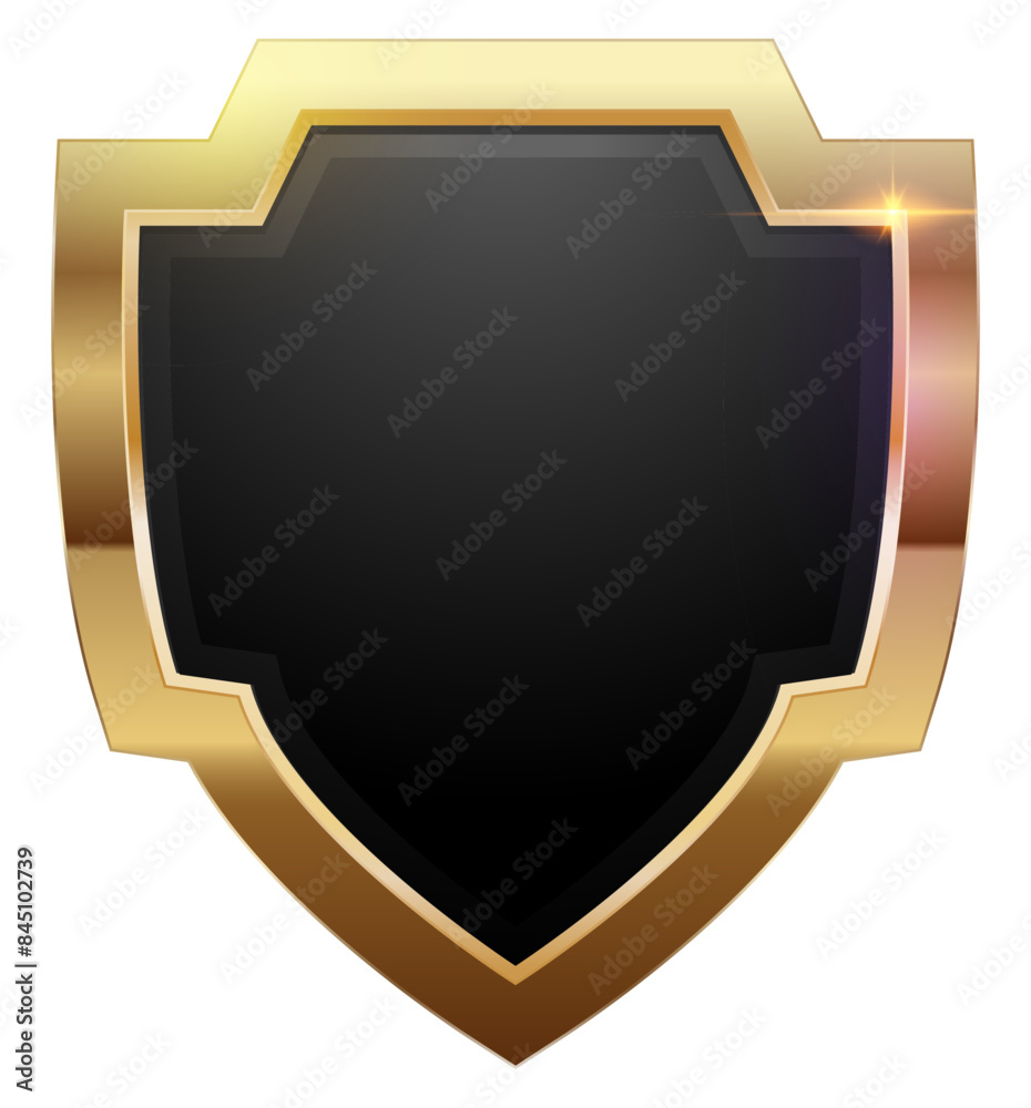 Elegant glossy black shield emblem with golden trim and reflective surface, symbolizing security, protection, and luxury, Gold Shield Elegant glossy black shield emblem with golden trim and reflective surface, symbolizing security, protection, and luxury, Gold Shield