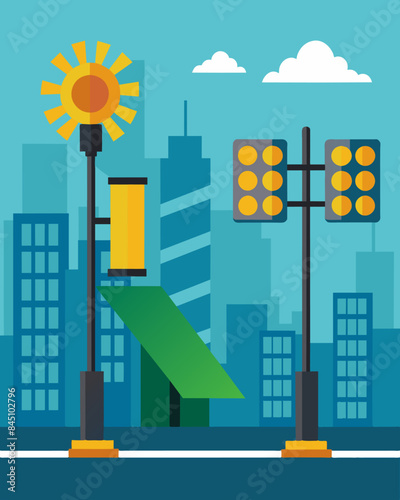 With their sleek design and reliance on renewable energy the solarpowered traffic lights were a modern addition to the cityscape.. Vector illustration