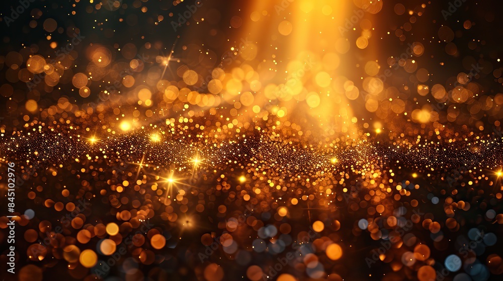 Festive Christmas and New Year background featuring a sparkling golden glitter overlay against a backdrop of ethereal, downward-streaming holy light.