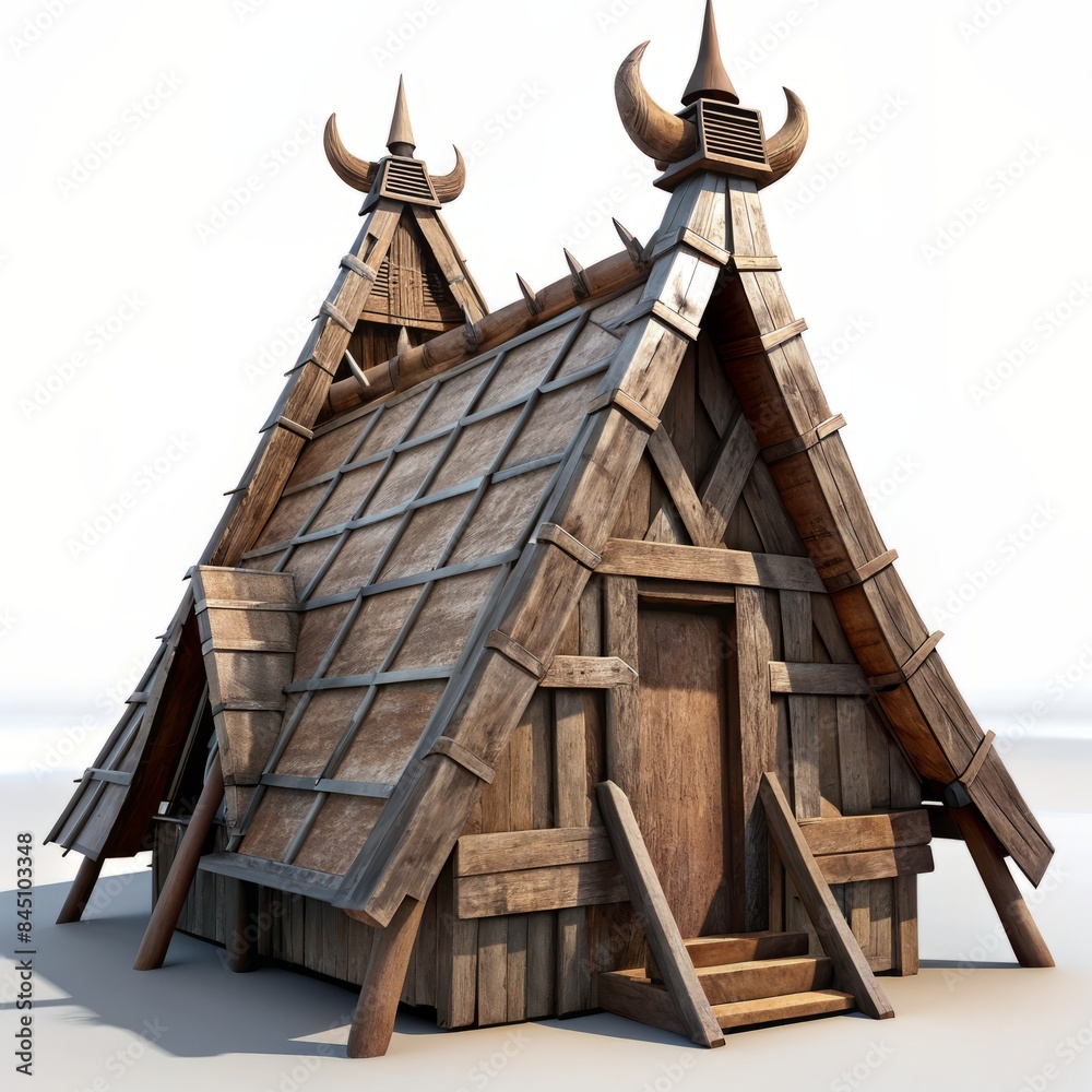 Obraz premium 3D Render of a Viking longhouse, on isolated white background, Generative AI