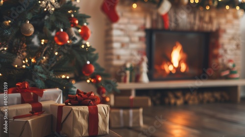 Christmas gifts wrapped in red ribbon by a decorated tree and warm fireplace, creating a cozy holiday ambiance.