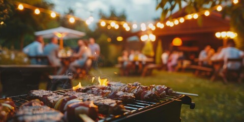 Grilled meats on a barbecue with a blurred background of people enjoying a summer evening outdoor party with festive lights.