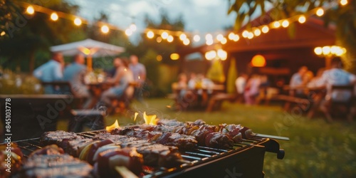 Grilled meats on a barbecue with a blurred background of people enjoying a summer evening outdoor party with festive lights.