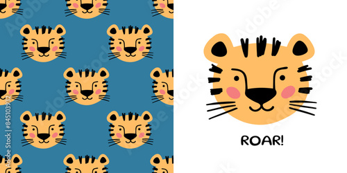 Hand drawn tiger with lettering Roar for designing baby clothes. Vector illustration in doodle style on blue background. Postcard with tiger and seamless pattern. Cartoon Bohemian nursery print.