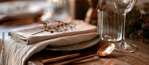 Setting up a holiday table with linen napkins and rose gold cutlery - a detailed view