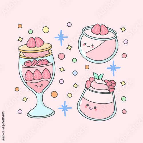 sweet dessert parfait pudding mousse with cute facial expressions and pastel colour