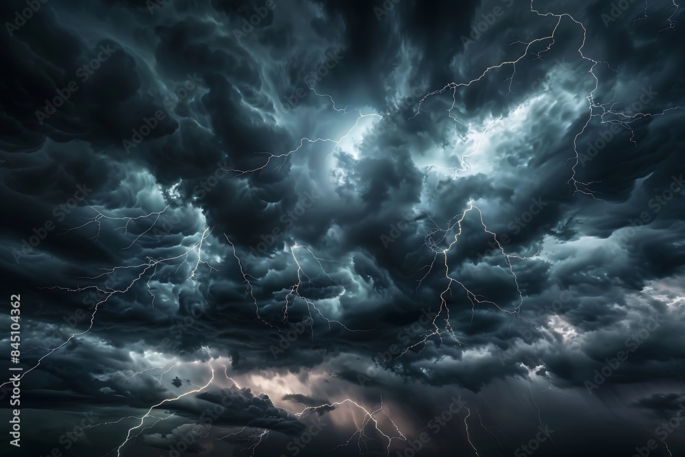 Foto de Thunderous dark sky with black clouds and flashing lightning ...