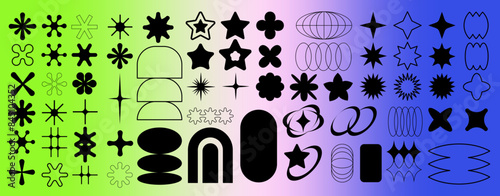 Set of basic universal forms and figures in Y2K aesthetics for vintage stickers, logos, labels. Decorative vector elements on acid neon green and blue background.