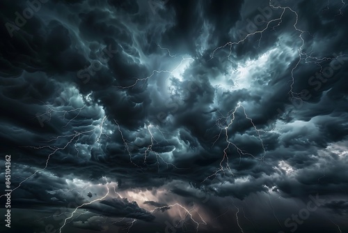 Thunderous dark sky with black clouds and flashing lightning. Panoramic view. Concept on the theme of weather, natural disasters, storms, typhoons, tornadoes, thunderstorms, lightning, lightning. photo