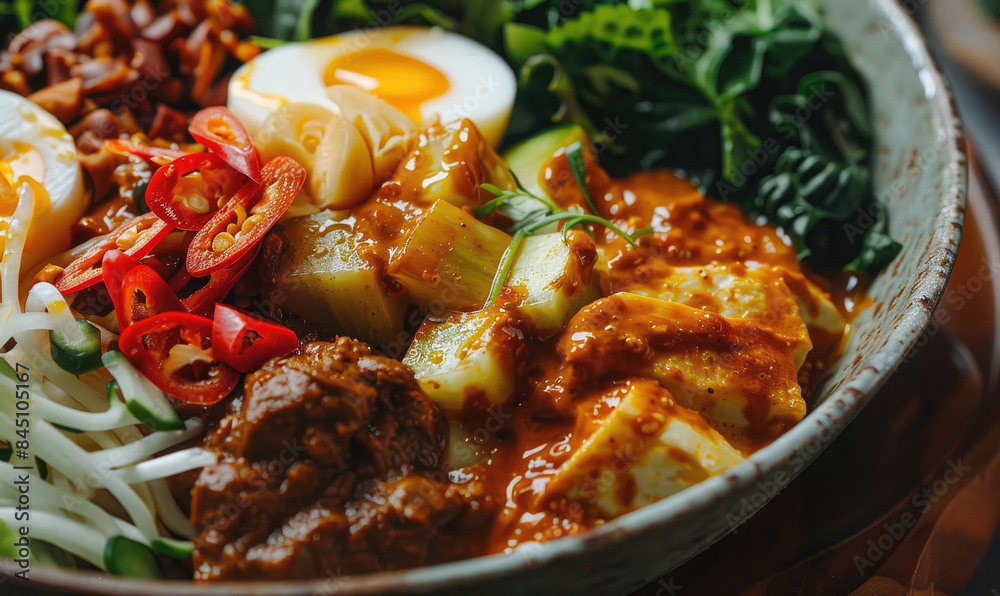 Delicious bowl of indonesian gado gado salad with peanut sauce is served for lunch