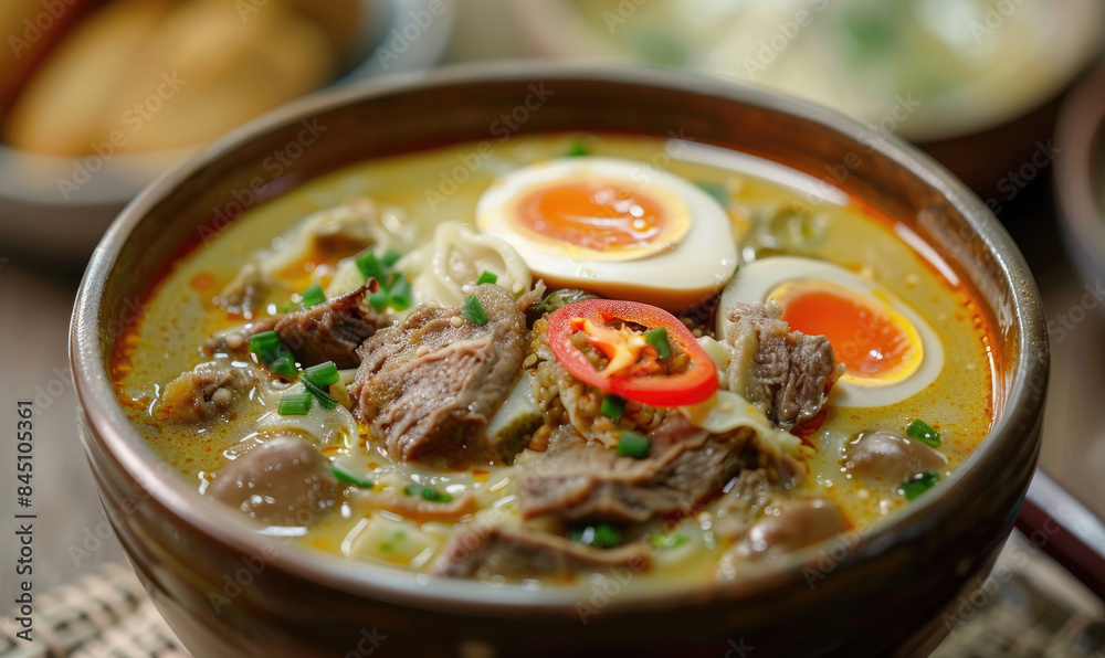 Bowl of delicious beef noodle soup being prepared by a chef in a restaurant kitchen Bowl of delicious beef noodle soup being prepared by a chef in a restaurant kitchen