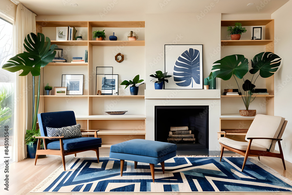 Horizontal wood panelling and blue occasional chair in mid century modern living room Horizontal wood panelling and blue occasional chair in mid century modern living room