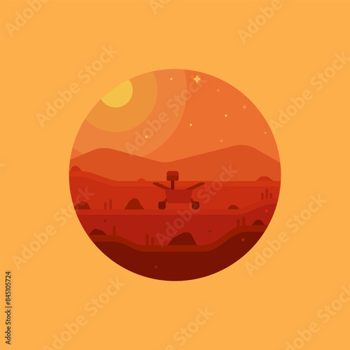 Landscape illustration of a mars rover looking at the sky from the surface of mars. Minimalistic icon of beautiful natural landscape