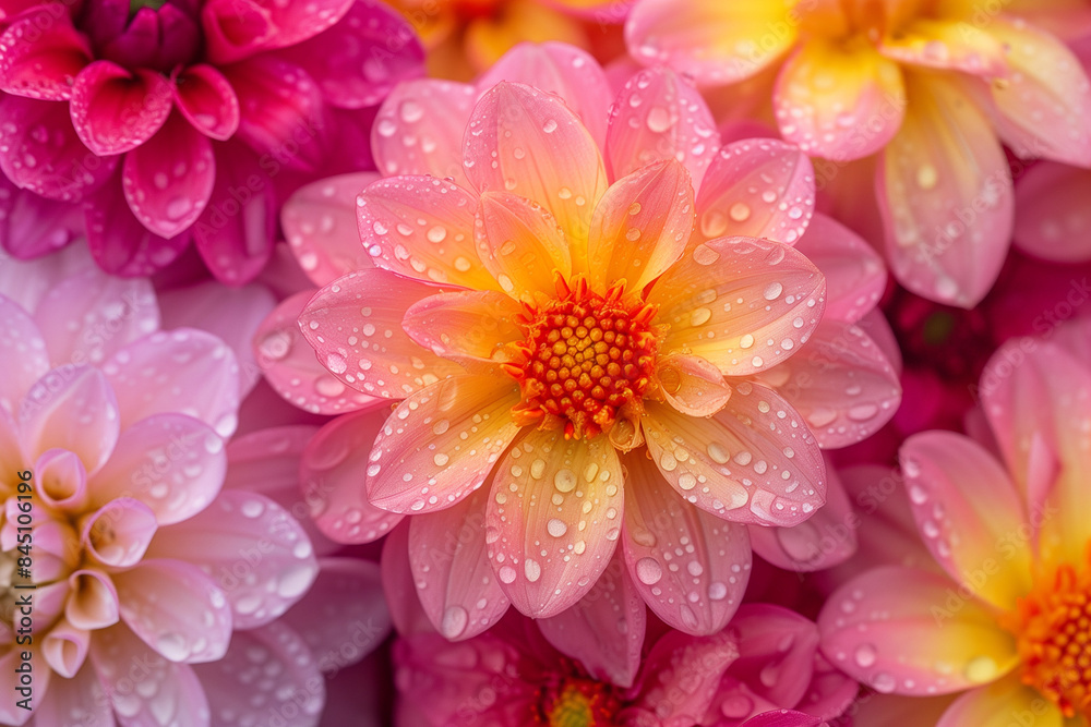 Dahlia Mix blooms with rain drops, closeup
Dahlia Mix blooms with rain drops, closeup