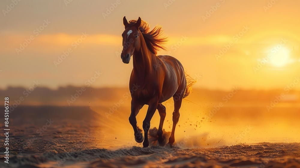 A horse galloping on a sandy beach, sunset lighting, soft golden hues A horse galloping on a sandy beach, sunset lighting, soft golden hues