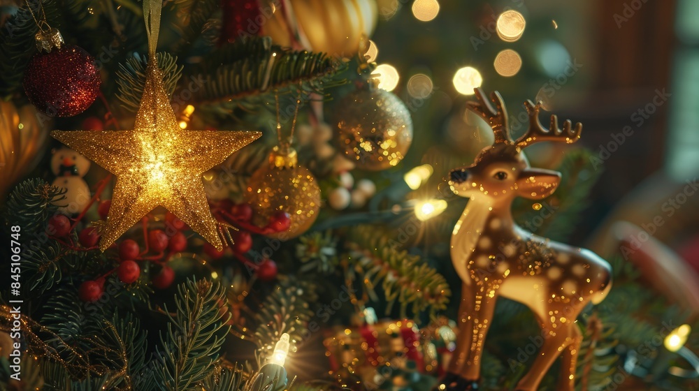 Christmas eve adorned tree with toys shining star and light up toy deer Christmas eve adorned tree with toys shining star and light up toy deer