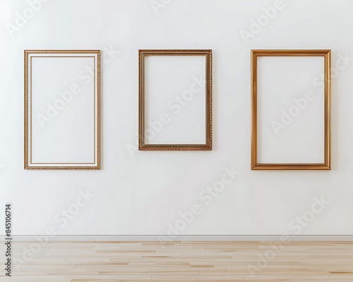 Three empty frames, varying in size and finish, on a stark white wall in a minimalist gallery setting, with a light ash wood floor beneath. © qaiser