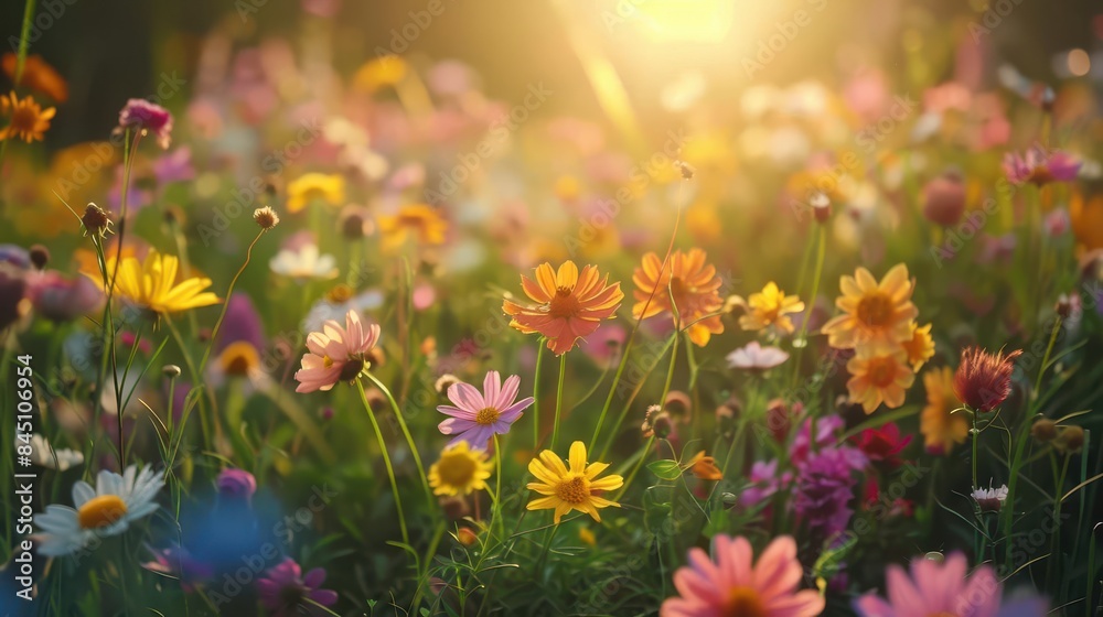 A wildflower meadow with a variety of colorful flowers A wildflower meadow with a variety of colorful flowers