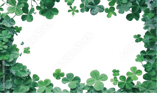 Green clover leaves forming a frame on a transparent background with copy space