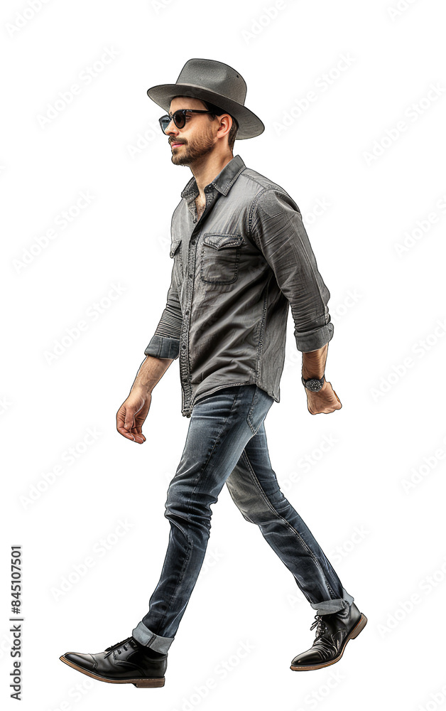Stylish young musician confidently striding in trendy outfit Stylish young musician confidently striding in trendy outfit