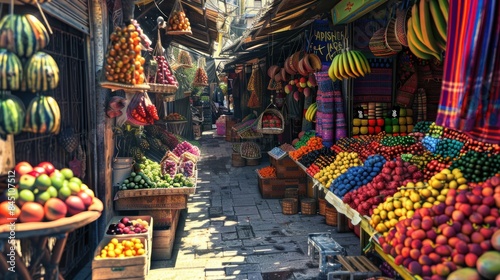 Amazing image of Traditional market stalls decorated with fruit, textiles and exotic crafts. A feast of colors and textures. AI generated images