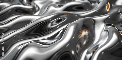 Close up texture of liquid shiny metal in silver gray color with highlights and shimmers. Liquid metallic texture, backdrop for web promotion. 3d rendering illustration.