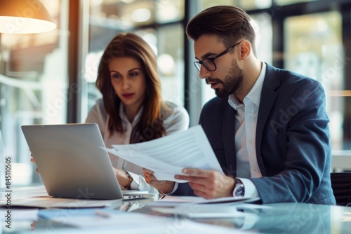 A happy young business woman and male colleagues are working together on laptops in the office, looking at documents. Concept photo, about the passion of a human resources team